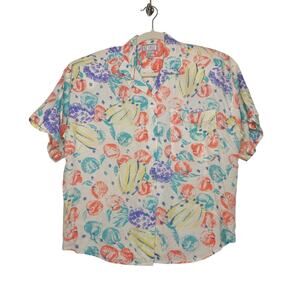 Vintage 80s 90s 62 East Rayon Banana button Shirt Shoulder Pads Art AOP Top M